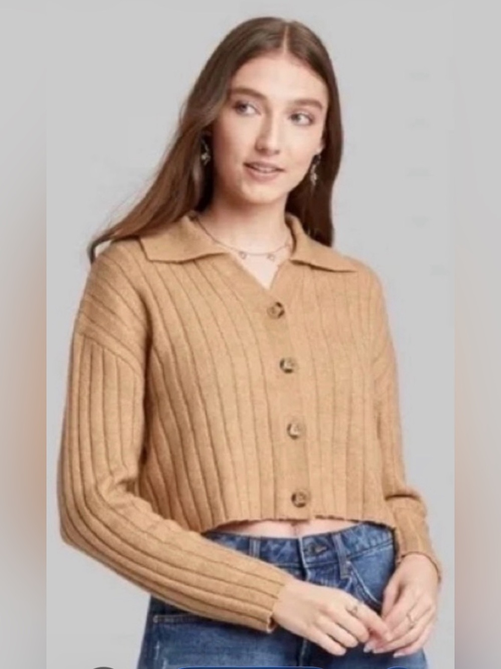 Cropped Ribbed Button-Front Cardigan Sweater - yellow Camel beige